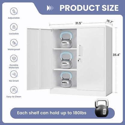 36" H Metal Storage Cabinet, Locked Cabinet with 2 Adjustable Shelves and Doors, Small Metal Tool Cabinet, Garage Storage Cabinet for Home Office, Garage, School, Apartment Warehouse