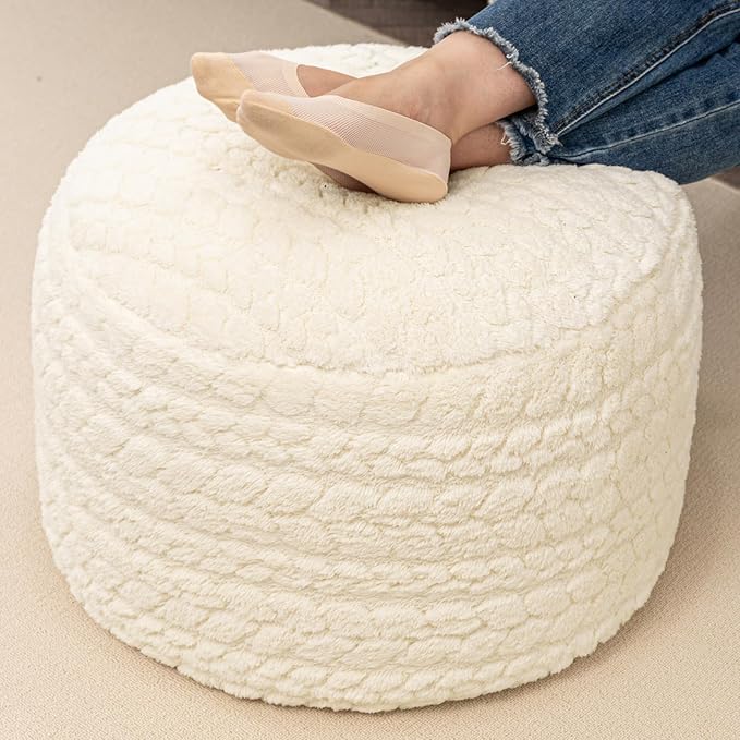 Round Pouf Ottoman 20 x 20 x 14 Inches Boho Poof Home Decor Floor Pouffe Ottoman Foot Rest for Couch Sofa Bean Bag Chairs Living Room Bedroom (Cream)