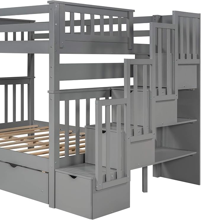 RUNNA Full Over Full Bunk Bed, Convertible, Storage Stairs Gray | Full over full bunk bed, convertible split design, storage stairs, solid pine wood, guardrails, no box spring needed,Gray
