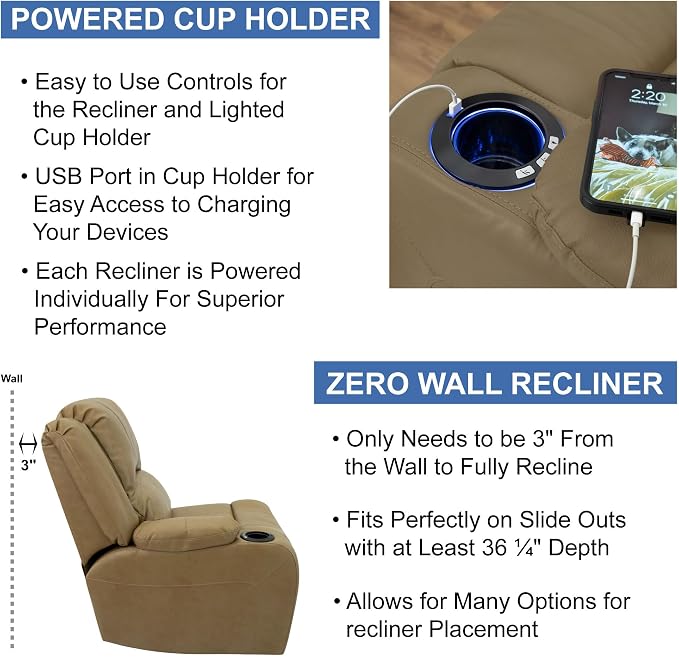 RecPro Charles 67" Powered Double RV Wall Hugger Recliner Sofa RV Loveseat with Upgraded 2023 Fabric (Toffee)