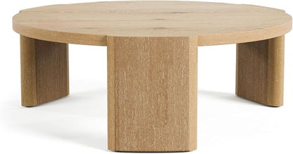Furniture of America Carys 42” Round Coffee Table, Solid Rubberwood & Oak Veneer, Modern Wood Living Room Table with Plinth Base, Oak Finish