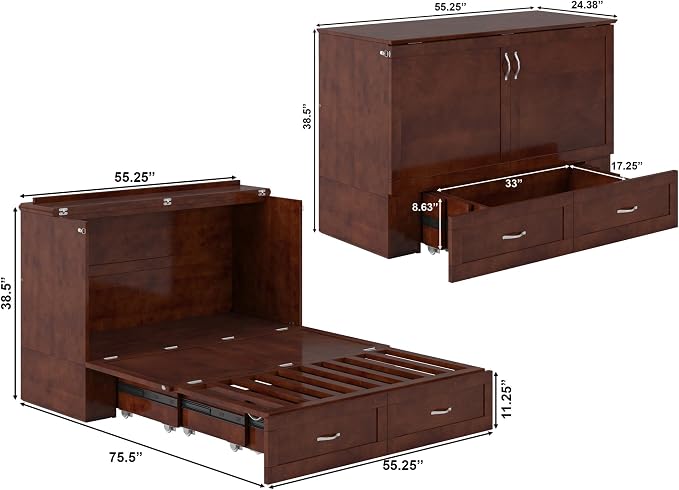AFI Hamilton Full Murphy Bed Chest with Mattress, Storage, and Built-in Charger in Walnut
