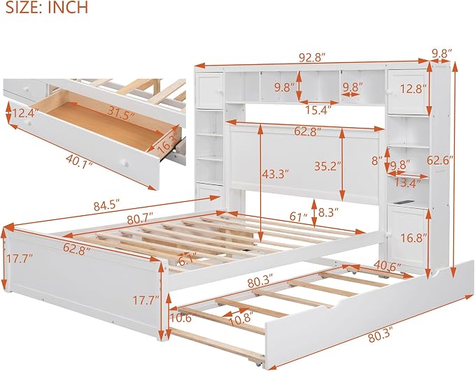 Merax Queen Size Wooden Bed with All-in-One Cabinet and Shelf, White Platform Bed Frame with 2 Drawers, Trundle and Sockets