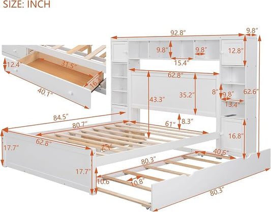 Merax Queen Size Wooden Bed with All-in-One Cabinet and Shelf, White Platform Bed Frame with 2 Drawers, Trundle and Sockets