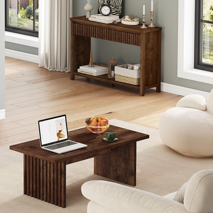 BON AUGURE Coffee Table for Living Room, 43Inch Farmhouse Wood Center Table, Rectangle Mid-Century Living Room Tables, Unique Fluted Panel Coffee Tables (Rustic Oak)