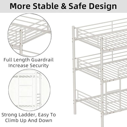 Metal Triple Bunk Bed,Twin Over Twin Bunk Bed for 3, Separates Into 3 Beds with Guardrail and Ladder, Heavy Duty Triple Bed Frame Suitable for Teenager/Adults, No Box Spring Needed(C-White)