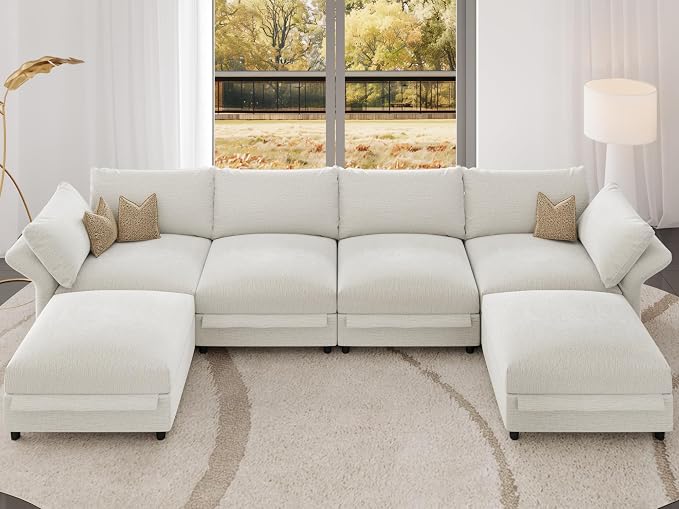 DreamDashio Oversized Sectional Sofa with Storage, 159" U Shaped Cloud Couch Sectional for Living Room with Adjustable Arms & High Backs, 6 Seater, Beige Chenille