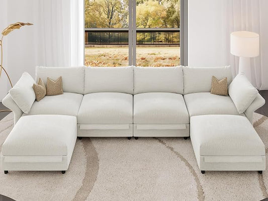 DreamDashio Oversized Sectional Sofa with Storage, 159" U Shaped Cloud Couch Sectional for Living Room with Adjustable Arms & High Backs, 6 Seater, Beige Chenille