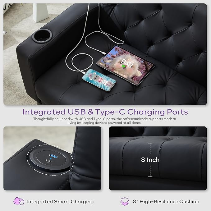 TYBOATLE 62" W Loveseat Sofa w/ 2 USB Charger Ports and 2 Cupholders, Mid-Century Modern Tufted Black Leather Small Love Seat Couches for Compact Living Room, Office, Bedroom, Apartment, Dorm