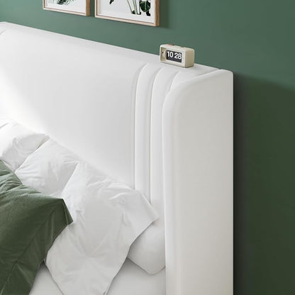 Allewie Queen Size Velvet Platform Bed Frame with Vertical Tufted Wingback Headboard, Easy Assembly, Under Bed Storage, No Box Spring Required, Modern Style, White
