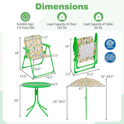 Costzon Kids Picnic Table, Kids Outdoor Table with 2 Folding Chairs, Height Adjustable Umbrella, Portable Children Outdoor Furniture for Patio, Garden, Backyard (Green Forest)