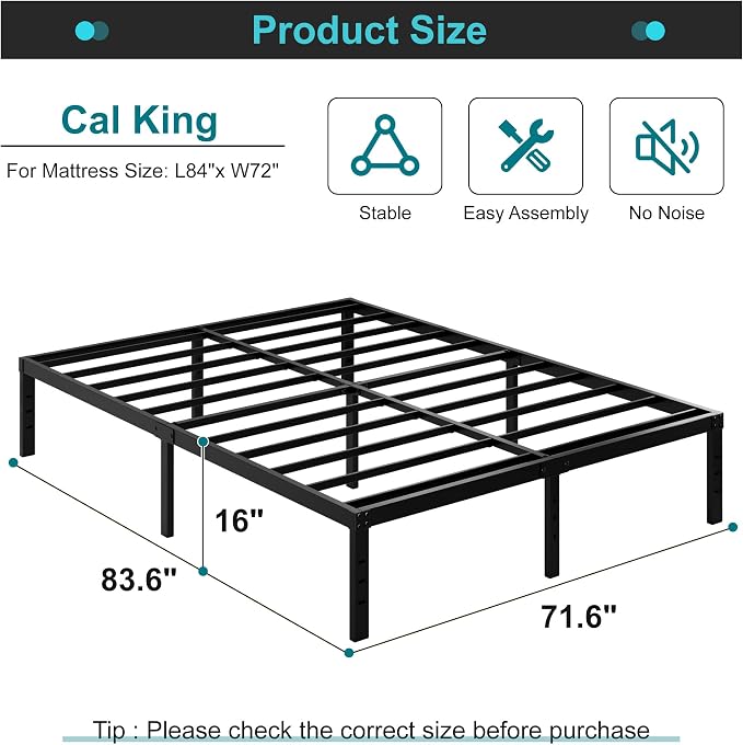 Maenizi California King Bed Frames, 16 Inch Heavy Duty Metal Platform Support Up to 3000 lbs with Steel Slat, No Box Spring Needed, Easy Assembly, Noise Free, Black