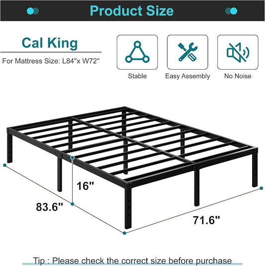 Maenizi California King Bed Frames, 16 Inch Heavy Duty Metal Platform Support Up to 3000 lbs with Steel Slat, No Box Spring Needed, Easy Assembly, Noise Free, Black