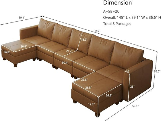 EASE MOOSE Faux Leather Sectional Couch Sofa with Storage,Faux Leather Modualr Sectional Sofa Brown U Shaped Modular Couch