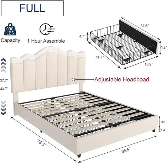 VECELO Full Size Platform Bed Frame with Type-C & USB Charging Stations/4 Storage Drawers, Upholstered Adjustable Headboard, Strong Wooden Slats Support, No Box Spring Needed, Easy Assembly