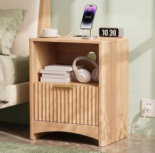 Marsail Fluted Nightstand, Wooden Nightstands with Drawers, Modern Bedside Table with Charging Station and Storage, End Table with Storage Side Table for Bedroom, Oak