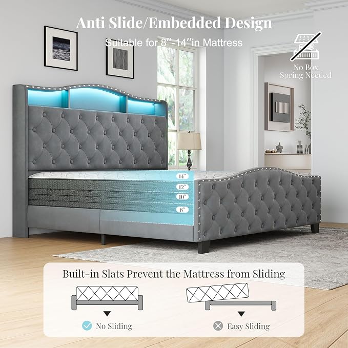 Belffin Queen Size Bed Frame and Headboard, 50.9" Velvet Upholstered Wingback Bedframe with LED Lights & Storage/Charging Station, Button Tufted Tall Footboard, No Box Spring Needed, Noise-Free, Grey