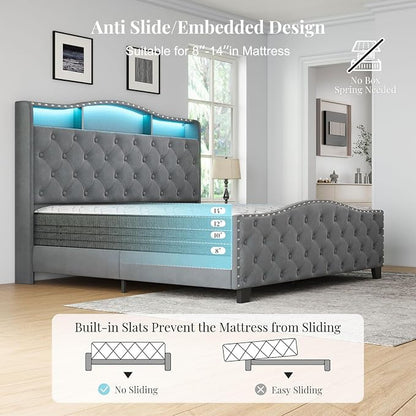 Belffin Queen Size Bed Frame and Headboard, 50.9" Velvet Upholstered Wingback Bedframe with LED Lights & Storage/Charging Station, Button Tufted Tall Footboard, No Box Spring Needed, Noise-Free, Grey