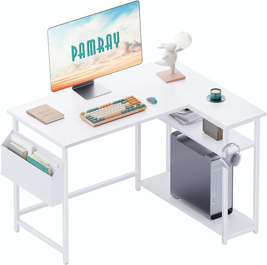 Pamray 40 Inch L Shaped Computer Desk with Reversible Side Storage Shelves, Small Corner Desk for Small Space Home Office, Writing Study Table PC Desk for Bedroom, White