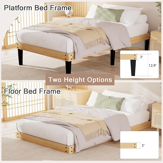 Yumori 12.9 Inch Minimalist Style Twin XL Size Bed Frame, Wood Platform Bed with Wood Slat Support, No Box Spring Needed, Easy Assembly, Natural