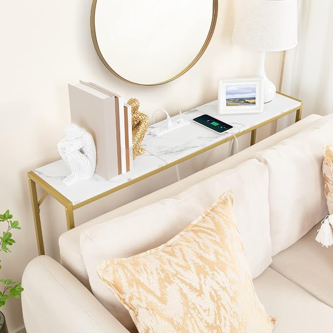 MAHANCRIS Console Table, Narrow Sofa Table, 43.7” Entrance Table with Power Station, Behind Couch Table, Simple Style, for Living Room, Hallway, Entryway, Foyer, Marble and Gold CTJM112E01