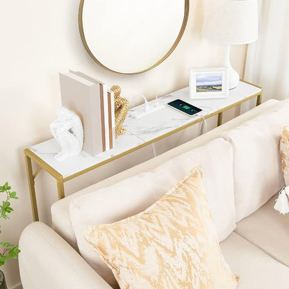 MAHANCRIS Console Table, Narrow Sofa Table, 43.7” Entrance Table with Power Station, Behind Couch Table, Simple Style, for Living Room, Hallway, Entryway, Foyer, Marble and Gold CTJM112E01