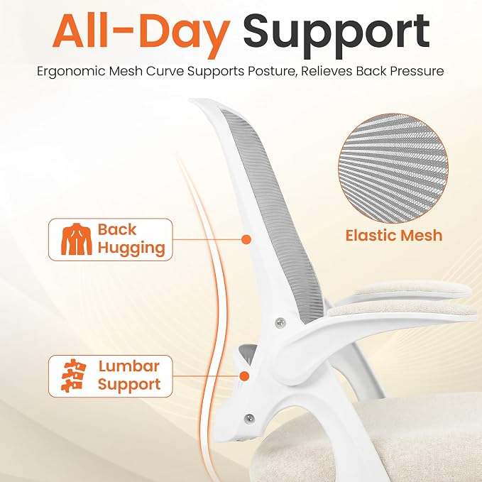 NEO CHAIR Office Chair Computer Desk Chair Ergonomic Gaming Comfy Mesh with Flip-up Arms Lumbar Support Adjustable Height Rolling Wheels for Home Office (Ivory)