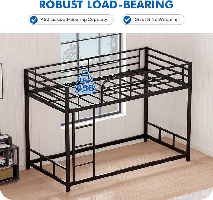 Low Metal Bunk Bed Frame for Kids, with Built-in Ladder, High Guardrail and Metal Slats, Floor Bed Bottom Bunk, No Boxspring Required, for Small Spaces, Twin-Over-Twin (Black)