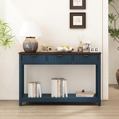 RUSTOWN Fluted Wood Console Table with 3 Drawers, 47.2" Modern Farmhouse Sofa Table & Entryway Table with Open Storage Shelf, Narrow Hallway Table for Living Room, Foyer and Hallway (Navy Blue)