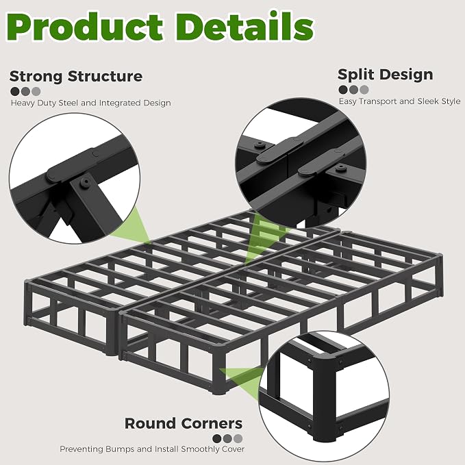 EMODA 7 Inch Split Queen Box Spring, 3500LBS Heavy Duty Metal Box Spring for Queen Bed Mattress Foundation with Fabric Cover, Noise-Free, Non Slip, Easy Assembly