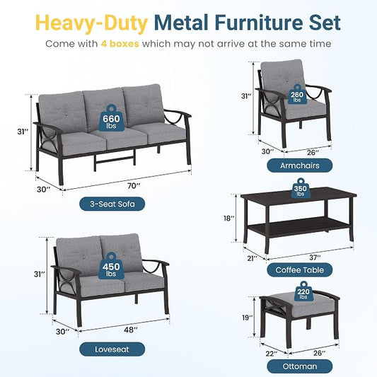 RoyalCraft Outdoor Patio Furniture Set, 9 Seats Outdoor Patio Set with 4" Thick Cushion, All-Weather Metal Patio Sofa with Coffee Table, Outdoor Sectional Furniture for Porch Backyard, Khaki&Grey