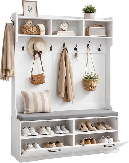 HOOBRO Hall Tree with Bench, 47.2" Hall Tree with Shoe Storage | Entryway Coat Rack, Shoe Bench with Storage, Farmhouse Hall Tree, 9 Coat Hooks, Adjustable Shelves, for Hallway, White