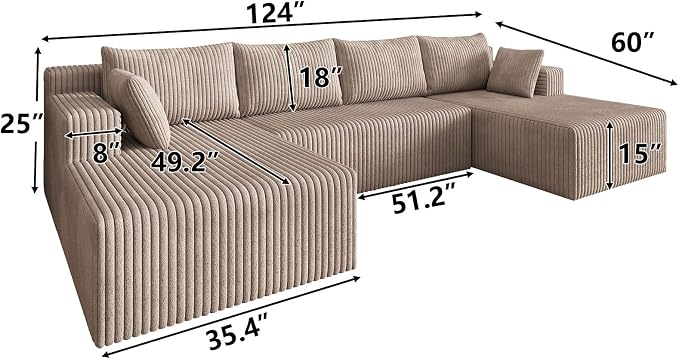 124 Inch Oversized Boneless Sectional Sofa Cloud Couch for Living Room - Symmetrical U Shaped Modular Couches Set with Double Chaise, No Assembly Floor Compression Sofa & Couch