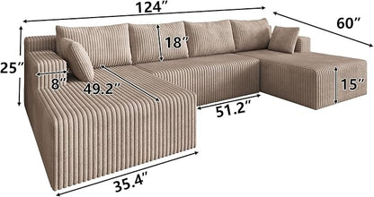 124 Inch Oversized Boneless Sectional Sofa Cloud Couch for Living Room - Symmetrical U Shaped Modular Couches Set with Double Chaise, No Assembly Floor Compression Sofa & Couch