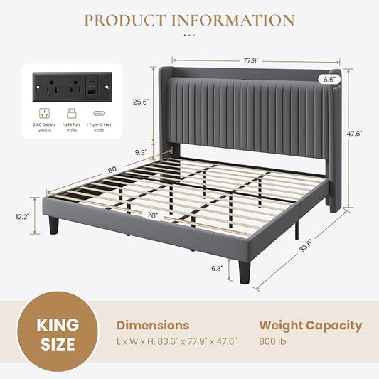 SHA CERLIN King Size Velvet Bed Frame with USB Charging Station, Wingback Storage Headboard, Upholstered Platform Bed with Wooden Slats Support, No Box Spring Needed, Easy Assembly, Grey