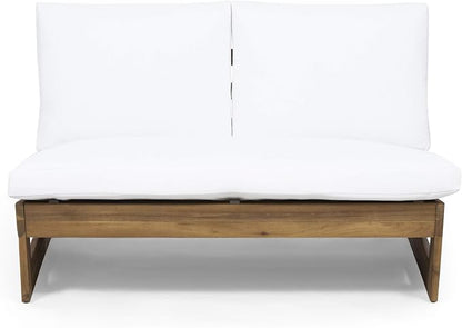 Great Deal Furniture Kaitlyn Outdoor Acacia Wood Loveseat with Cushions, Teak and White