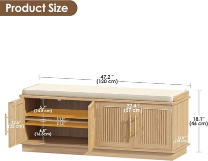 Akxomel Fluted Shoe Storage Bench with Cushion, 47.2" Entryway Bench with Adjustable Shelves and 4 Doors, Shoe Cabinet Bench with Curved Profile, for Hallway, Living Room, Bedroom, Natural Oak