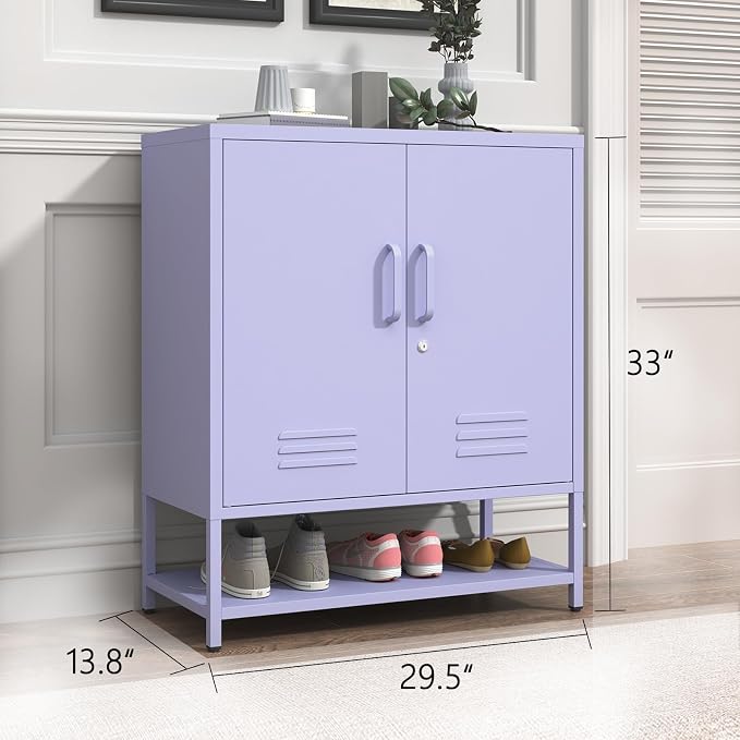 Three Tier Metal Shoe Cabinet for Home use Featuring Adjustable Shelves Multifunctional Two Door Storage Cabinet Suitable for entryways and hallways Purple Size: 13.8" D x 29.5" W x 33" H