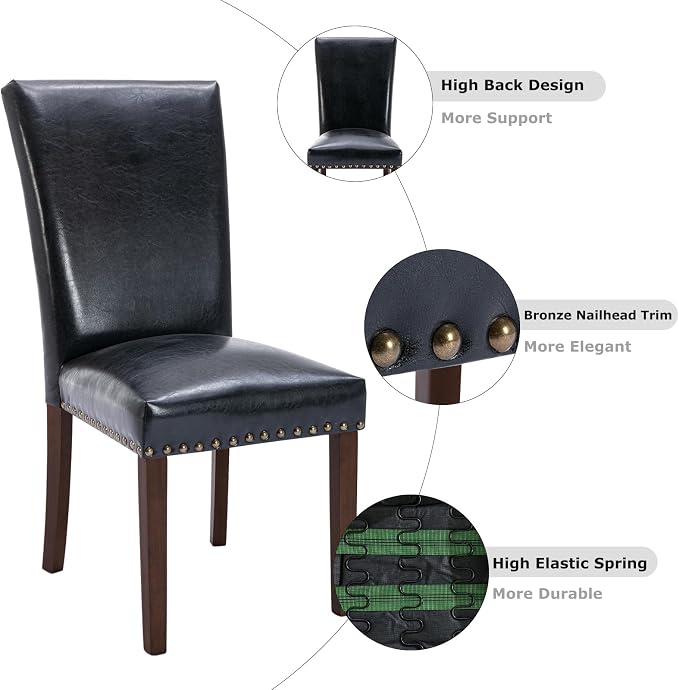 COLAMY Upholstered Parsons Dining Chairs Set of 4, PU Leather Dining Room Kitchen Side Chair with Nailhead Trim and Wood Legs - Black