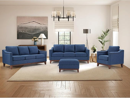 HAOMARKETS 4 Piece Fabric Sofa Set with Nailhead Trim, Included Upholstered Accent Chair with Thicked Cushion, 3 Seater Couch Set of 2 and Storage Ottoman with Flip-Top Table for Living Room, Blue
