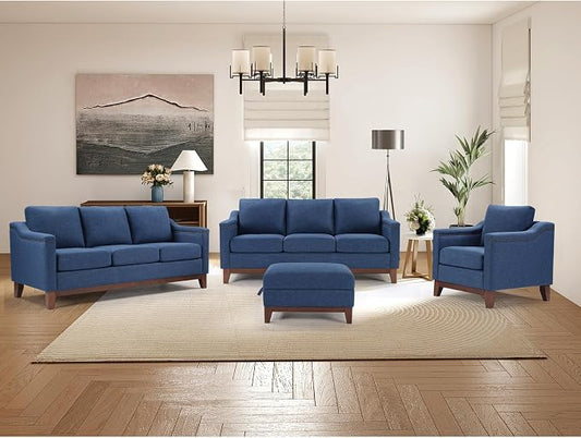 HAOMARKETS 4 Piece Fabric Sofa Set with Nailhead Trim, Included Upholstered Accent Chair with Thicked Cushion, 3 Seater Couch Set of 2 and Storage Ottoman with Flip-Top Table for Living Room, Blue
