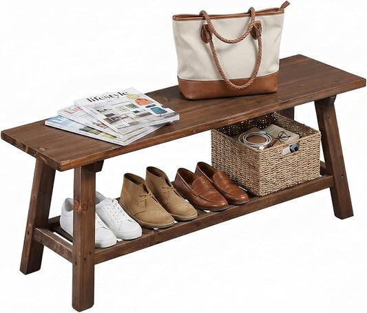 VINGLI Rustic Storage Bench, Solid Wood Seat with Storage Shelf, Indoor Outdoor Shoe Rack, 450lbs Capacity Small Outdoor Bench for Mudroom Entryway Patio Porch (Brown, 43in)