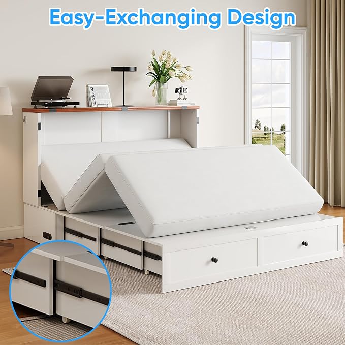PUREMIND Murphy Bed Full with Mattress Included, Farmhouse Frame Cabinet Beds Chest with Charging Station & Storage Drawers, Convertible Hideaway Cabinet Bed for Guest Room, White