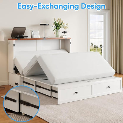 PUREMIND Murphy Bed Full, Farmhouse Frames Cabinet Beds Chest with Charging Station & Storage Drawers, Convertible Hideaway Cabinet Bed for Guest Room, White, Without Mattress