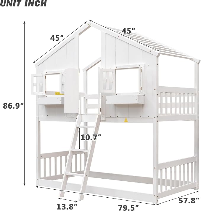 Twin over Twin House Bunk Bed with Roof,Windows,Door,Window Boxes,Safety Guardrails & Ladder,Pine Wood Frame,Low-Height Kids Bunk Beds for Bedrooms,Playful Loft Bed with Easy Assembly, White