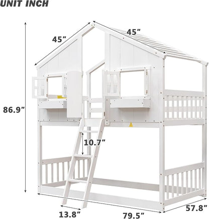 Twin over Twin House Bunk Bed with Roof,Windows,Door,Window Boxes,Safety Guardrails & Ladder,Pine Wood Frame,Low-Height Kids Bunk Beds for Bedrooms,Playful Loft Bed with Easy Assembly, White