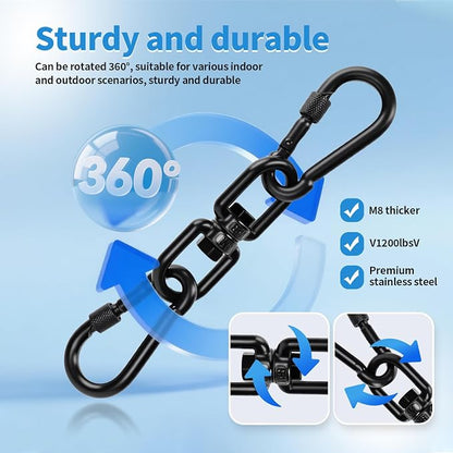 Aheucndg 1200 lb Capacity Heavy Duty Double Ended Eye Hook with Snap Hook, SUS304 Swivel Hooks 1Pack + Snap Hooks 2Pack, for Aerial Yoga, Hanging Hammock, Web Tree Swing, Swing Spinner M8
