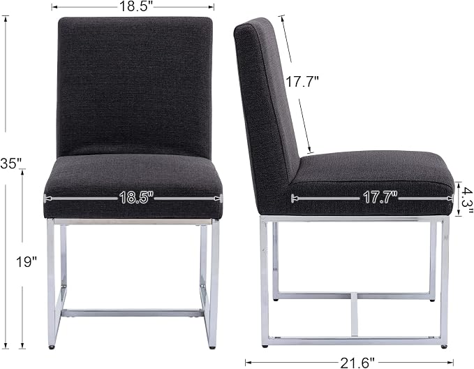 CIMOTA Black Modern Dining Chairs Set of 4, Upholstered Dining Room Chairs Armless Guest Side Chair with Chrome Base for Dining Room/Kitchen, Charcoal Black, 4PCS