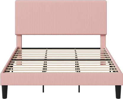 Allewie King Size Upholstered Bed Frame with Vertical Channel Tufted Headboard, Soft Corduroy Fabric Platform Bed, Strong Wooden Slats Support, Easy Assembly, No Box Spring Needed, Light Pink