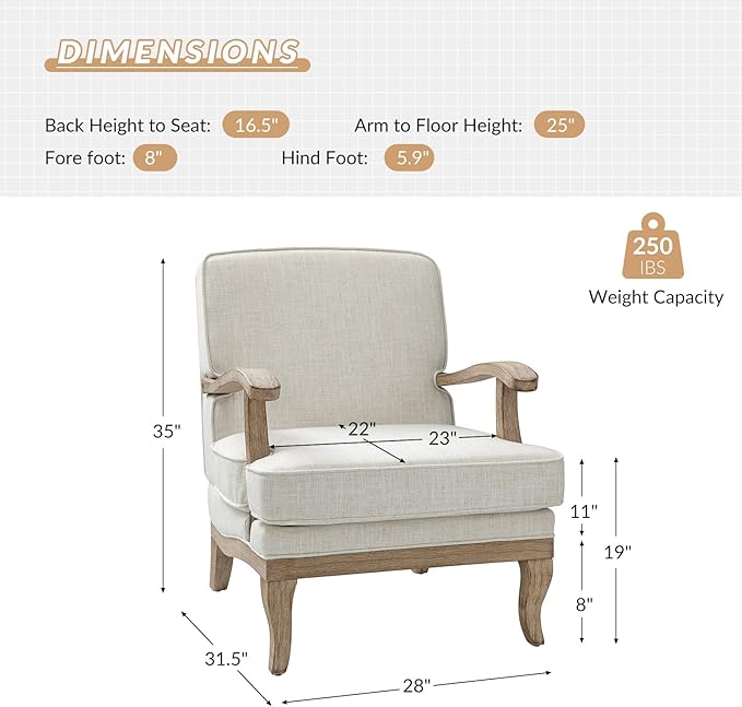 HULALA HOME Mid-Century Modern Accent Chair, Upholstered Living Room Lounge Chair, Lounge Armchair with Romantic Stripes & Solid Wood Legs, Living Room Bedroom Single Sofa Chair (Ivory)